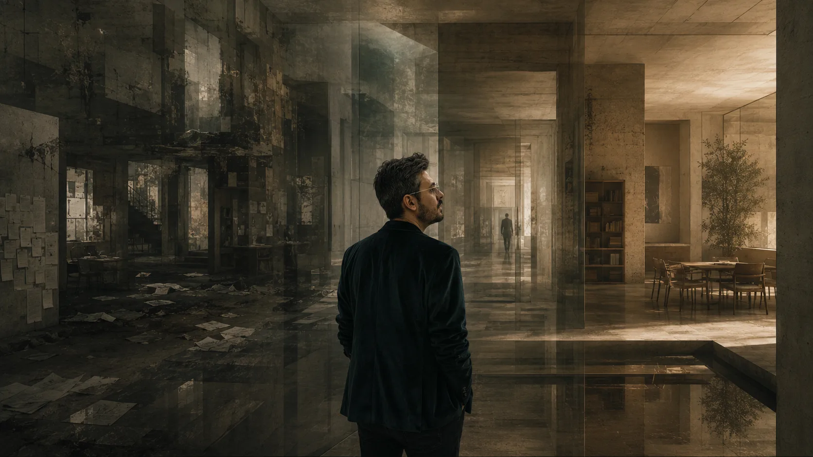 A contemplative figure standing within a vast layered architectural interior where fragmented and ordered spaces subtly overlap through glass reflections, recursive corridors, and muted atmospheric light.