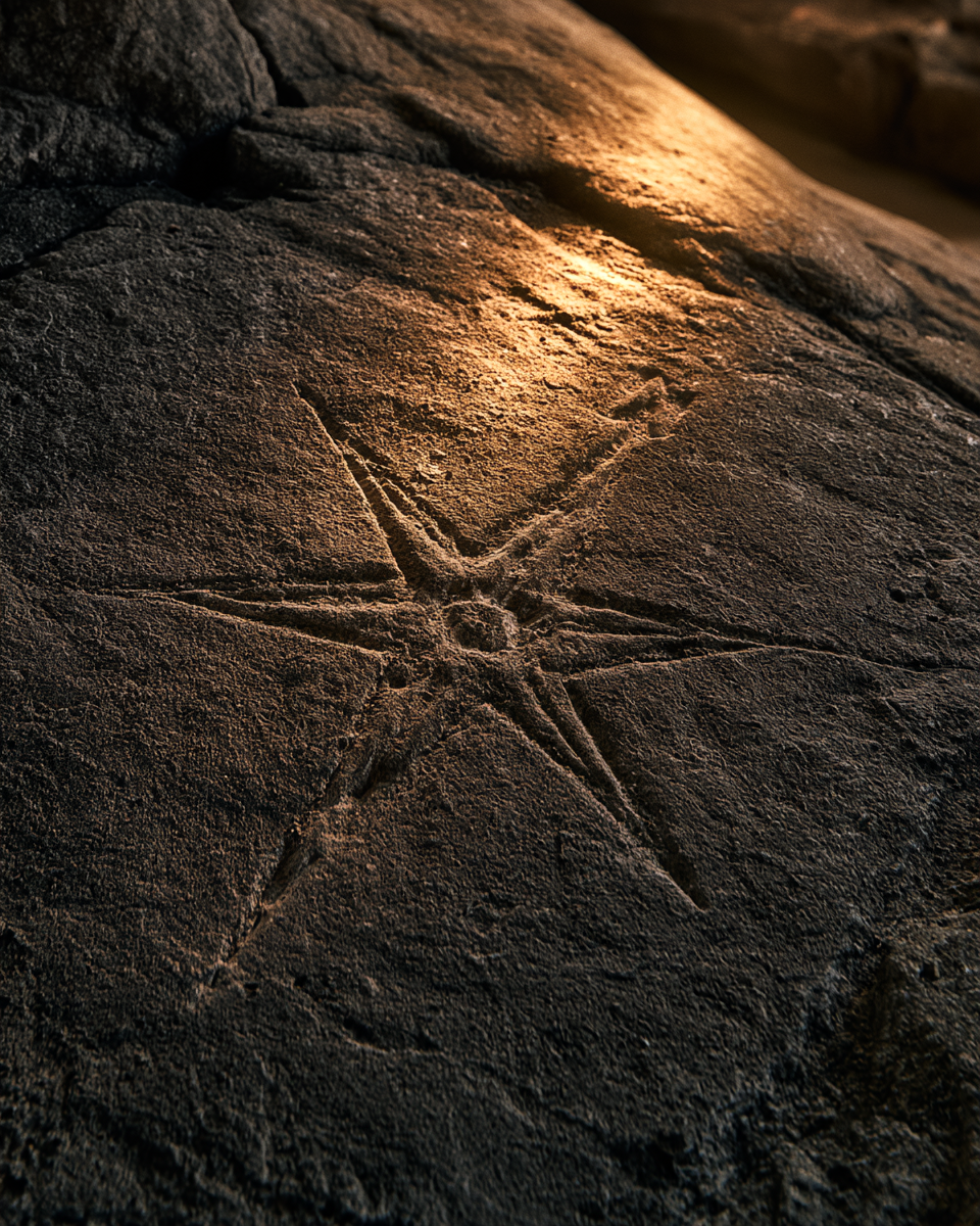 A compass carved into stone.