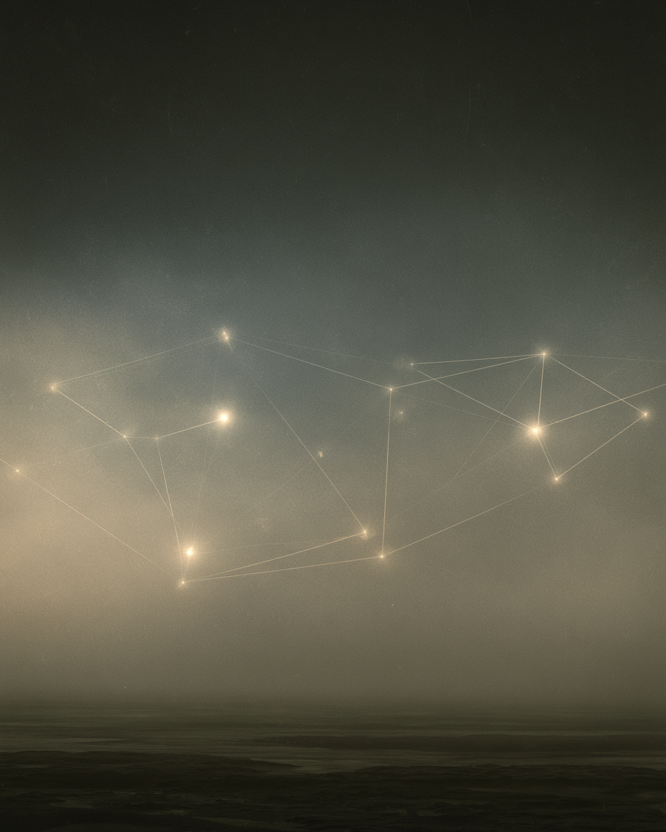 Abstract nodes connected like stars over a landscape.
