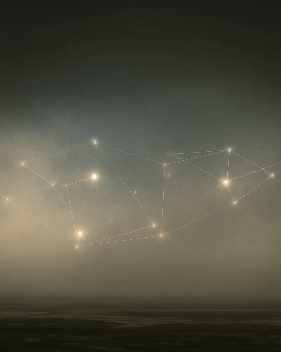 Abstract nodes connected like stars over a landscape.