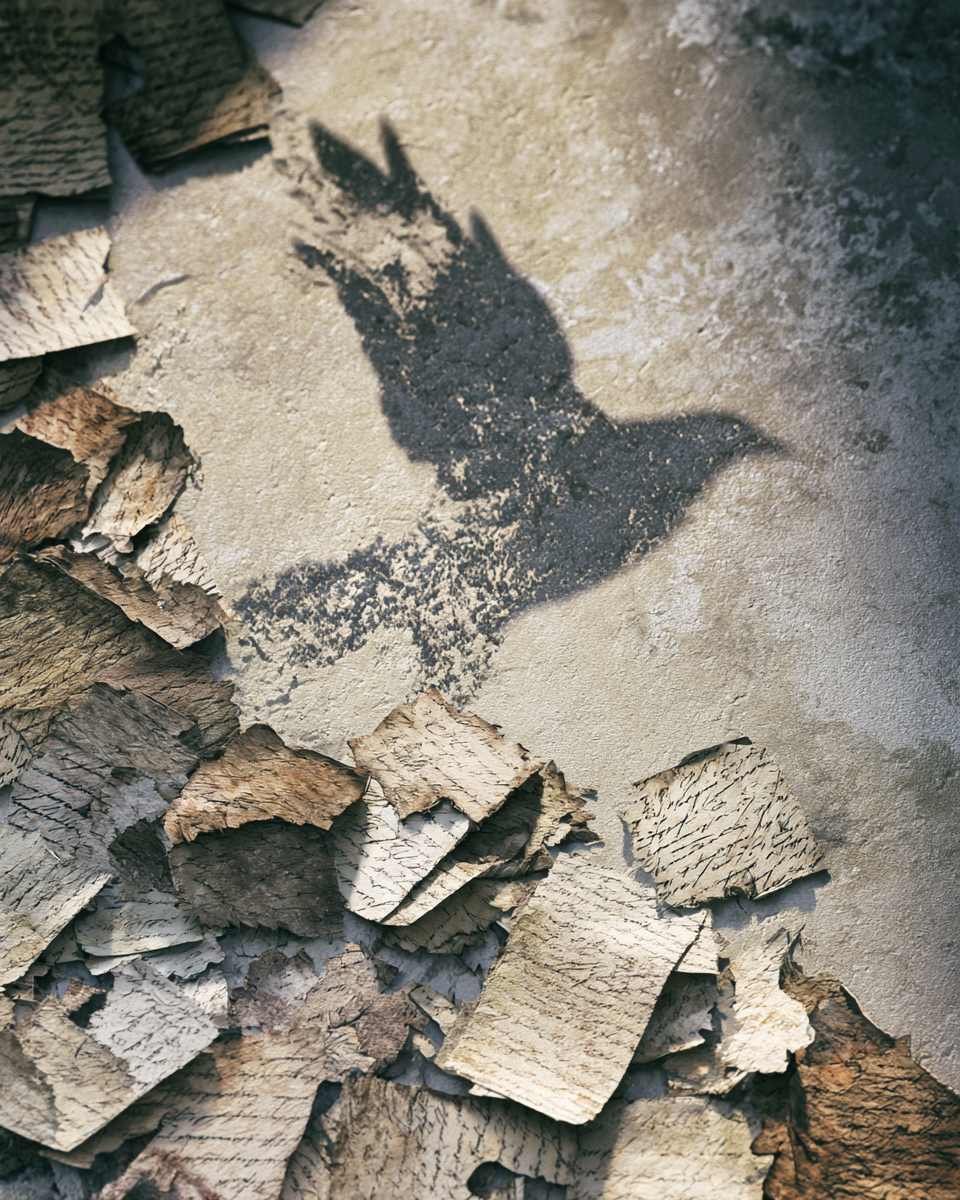 A bird shape emerging from handwritten fragments.