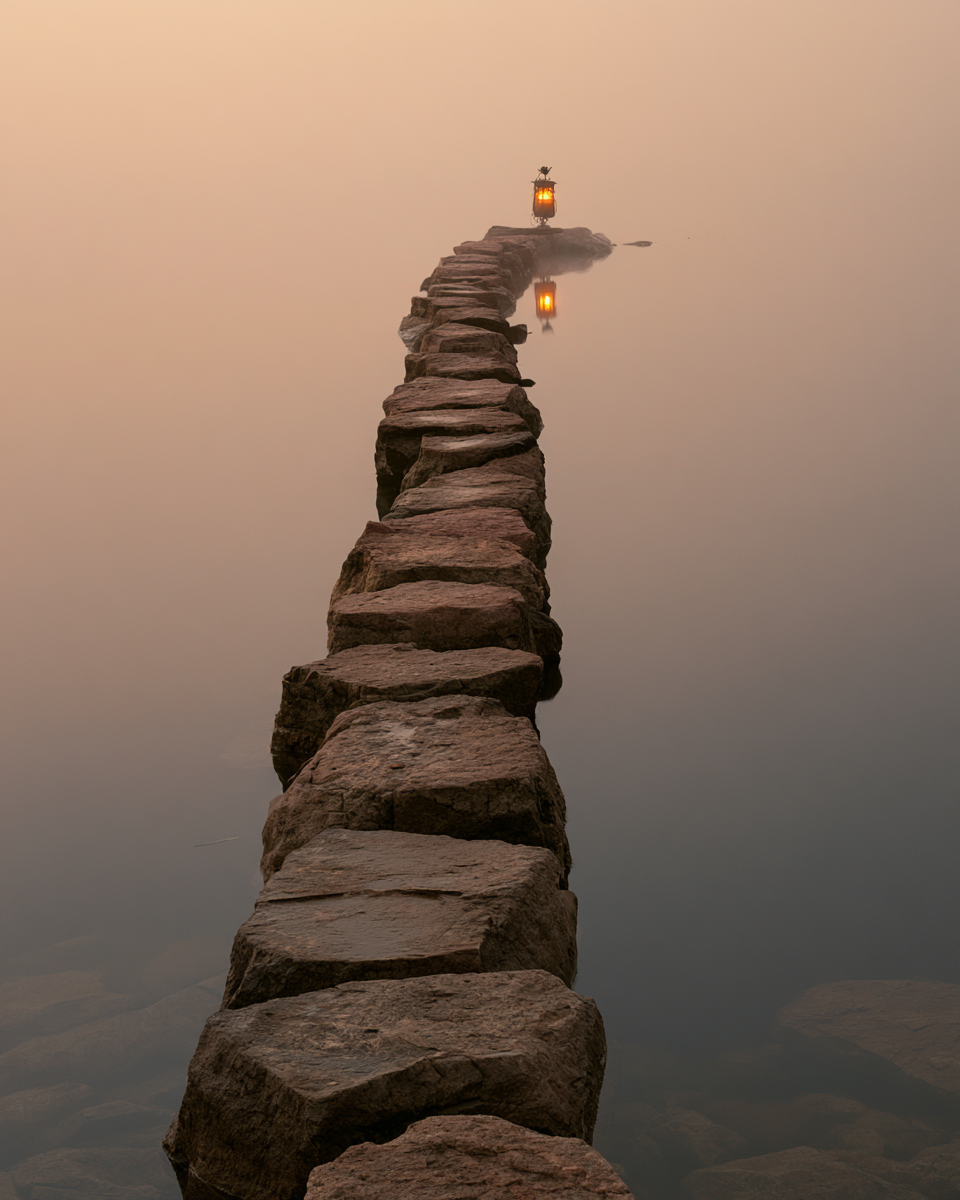 A narrow stone path crossing water toward a distant lantern.