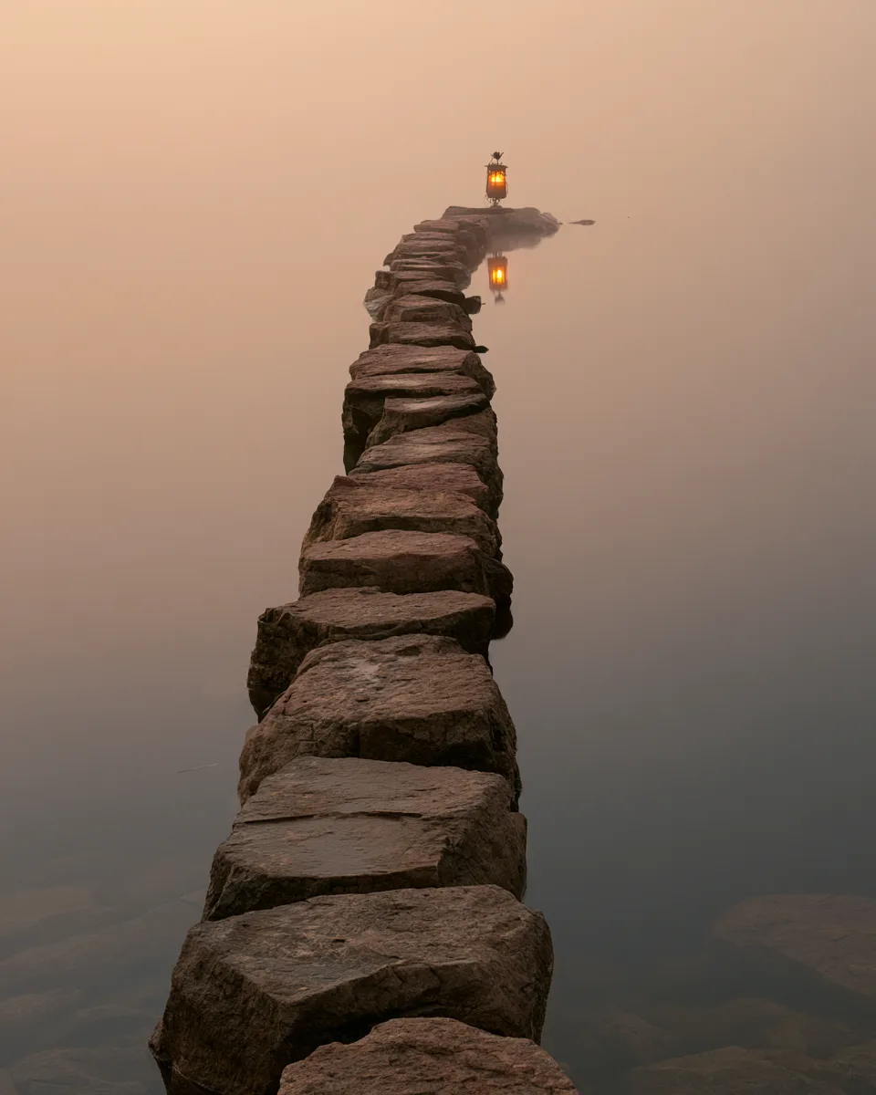 A narrow stone path crossing water toward a distant lantern.