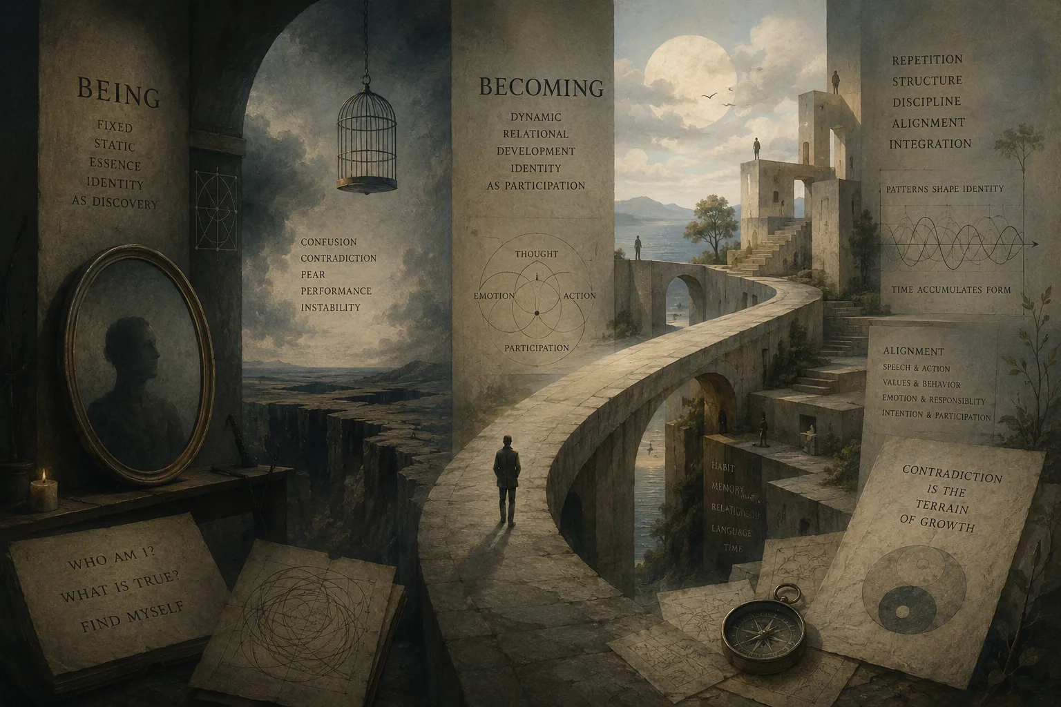A symbolic metaphysical architectural landscape depicting identity as a process of becoming rather than a fixed essence, featuring recursive pathways, incomplete structures, philosophical diagrams embedded into walls, impossible transitional spaces, and distant anonymous figures moving through an evolving cognitive environment rendered in muted atmospheric editorial tones.