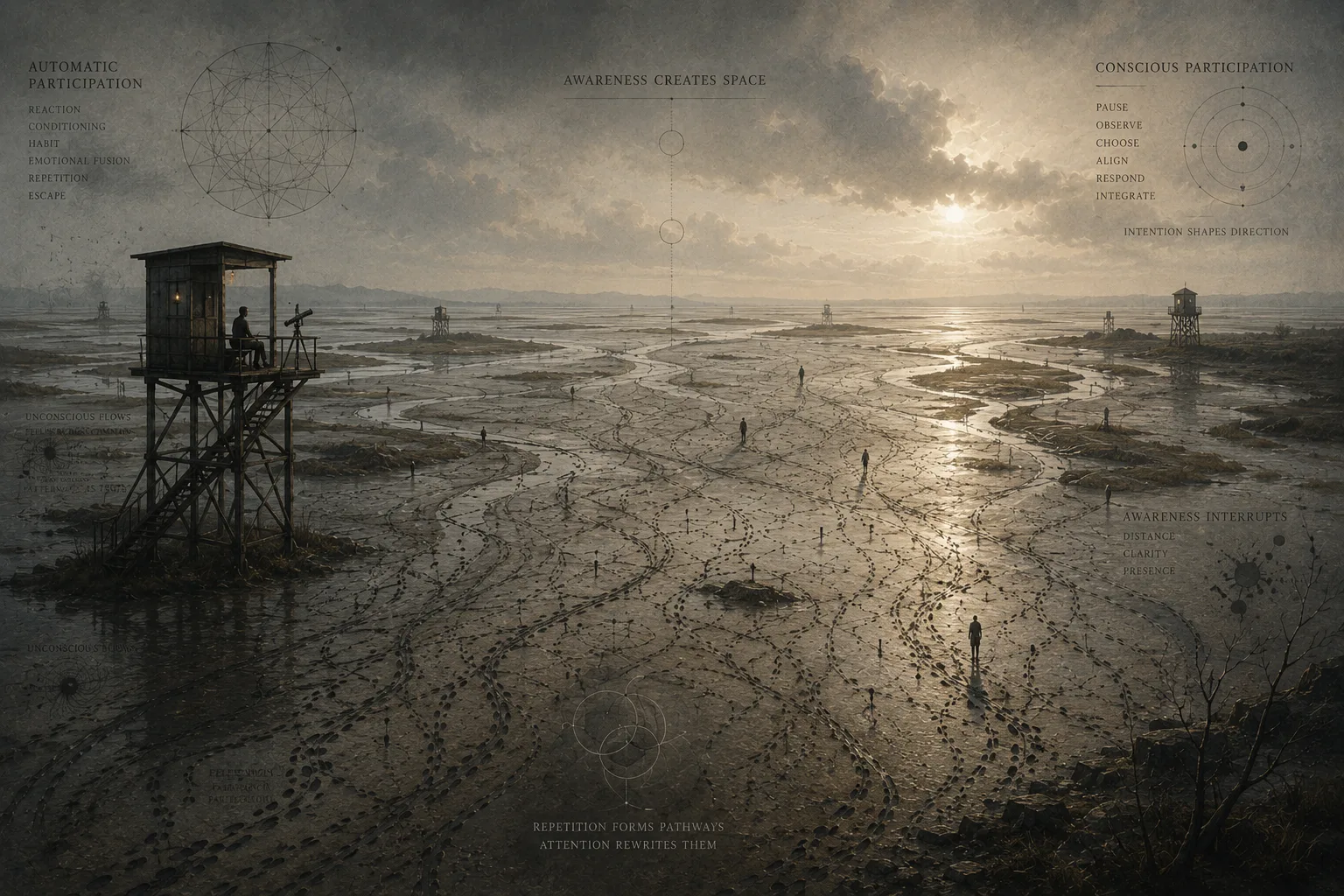 A vast symbolic tidal estuary filled with overlapping footprints, behavioral trails, winding currents, reflective wet terrain, and sparse elevated observatory structures beneath a muted atmospheric sky, representing awareness emerging within unconscious patterns of participation.