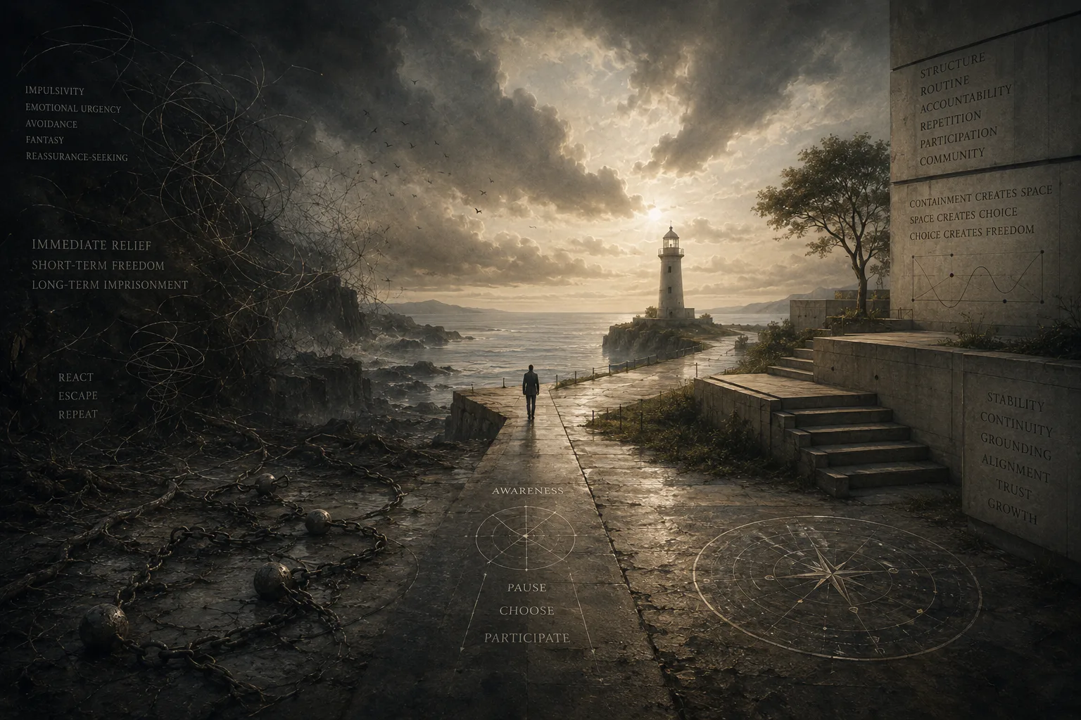 A symbolic atmospheric coastline featuring a grounded pathway leading through turbulent emotional terrain toward a distant lighthouse, with weathered containment structures, reflective surfaces, subtle psychological diagrams, and muted philosophical environmental textures representing structure as a stabilizing force within uncertainty.