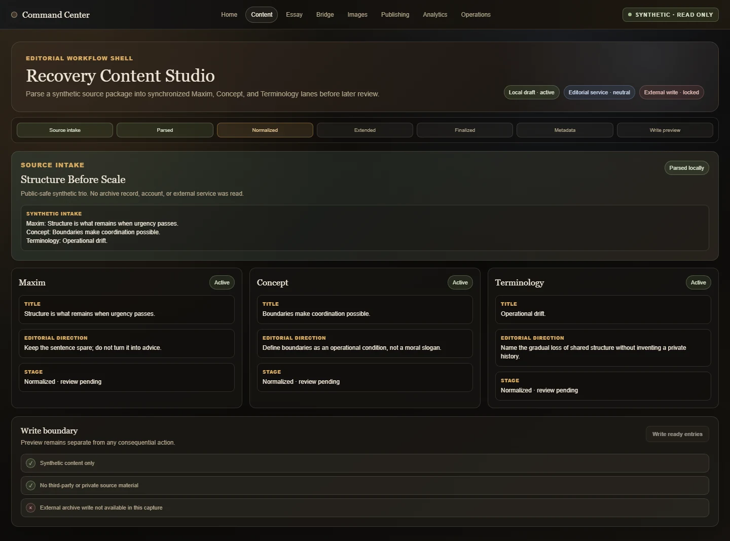 Recovery Content Studio with a source field, workflow stages, and three parallel editorial columns using synthetic content.