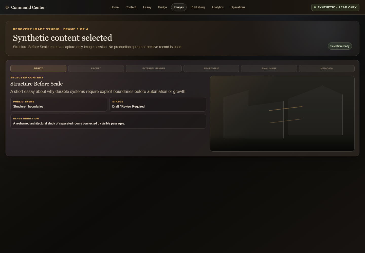 Synthetic Image Studio frame showing an eligible content item selected for visual development.