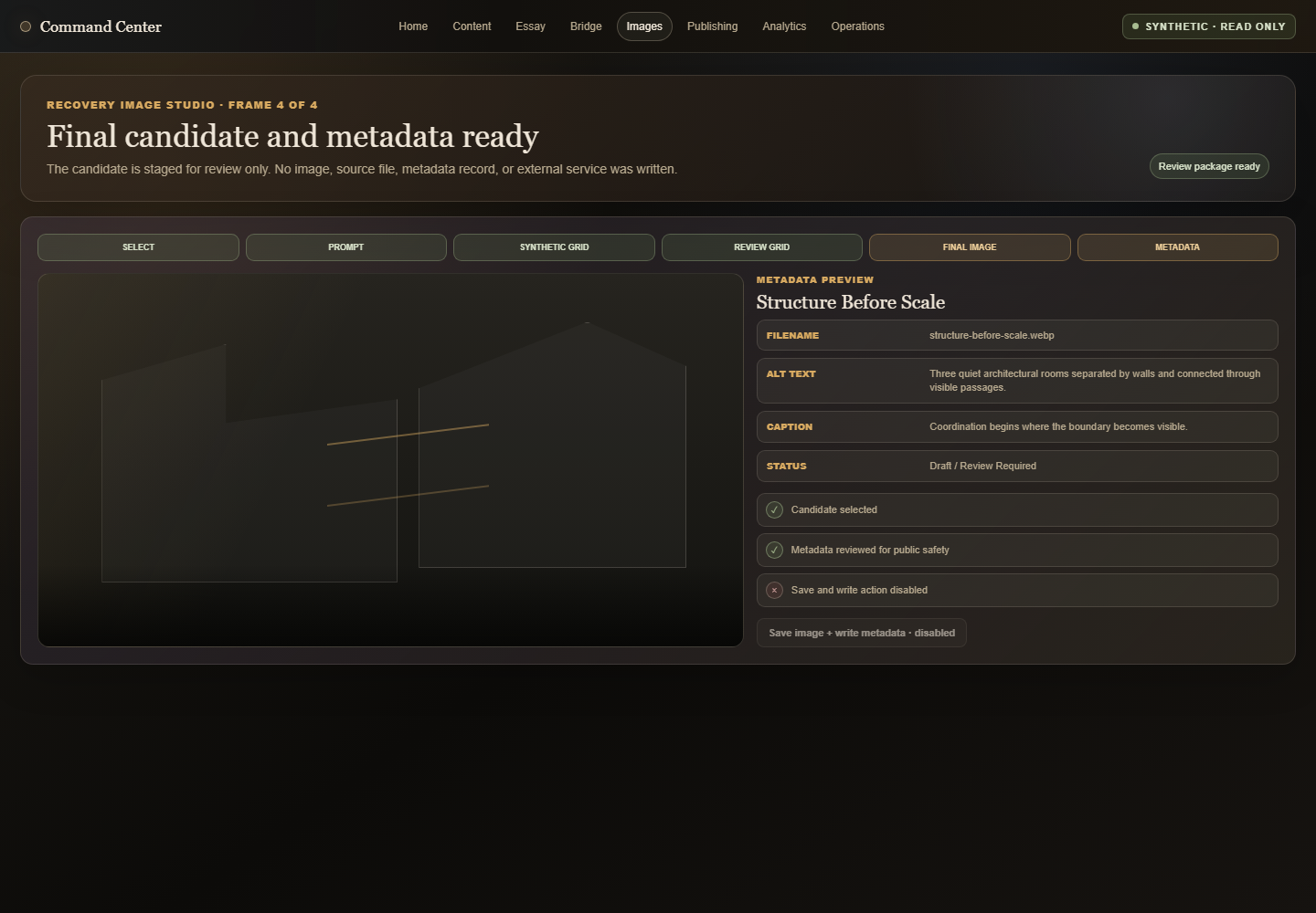 Synthetic Image Studio frame showing a selected image candidate and draft metadata ready for review.