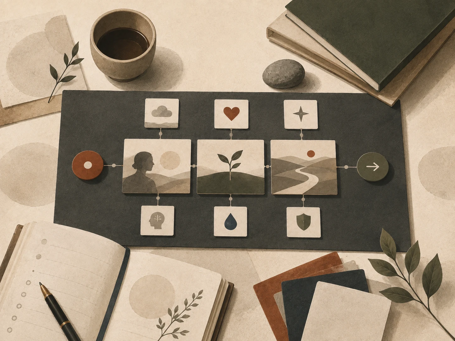 Calm planning roadmap with reflective stages, notebook pages, and growth markers.