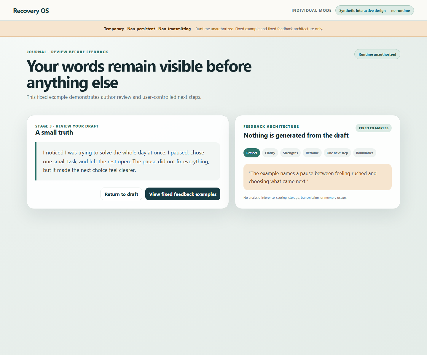 Synthetic Recovery OS Individual Mode journal review showing a temporary draft and review controls.