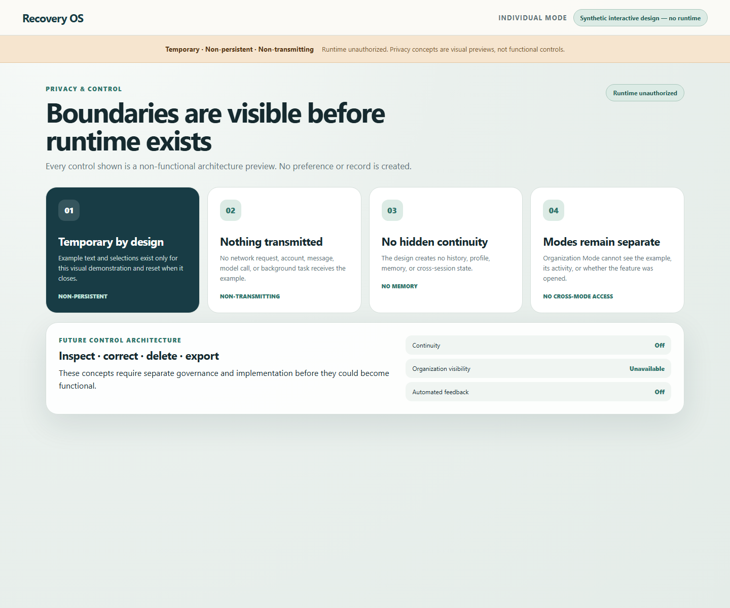 Synthetic Recovery OS privacy controls with categories off and a fictional memory inventory.