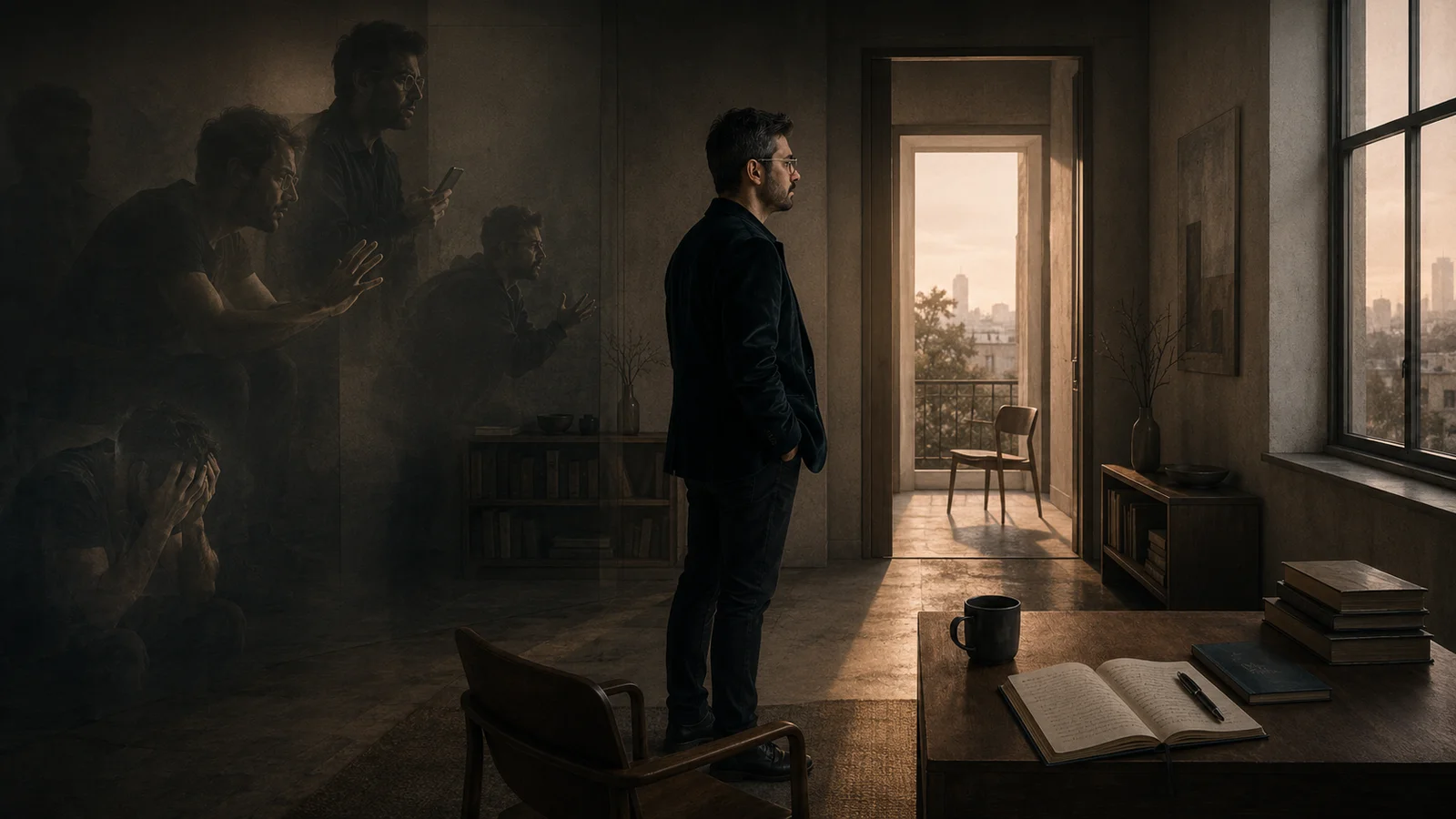 A solitary figure stands in a restrained interior between shadowed traces of old attachment panic and a quiet threshold of morning light, with a notebook, chair, window, and ordered room suggesting love becoming grounded through structure.