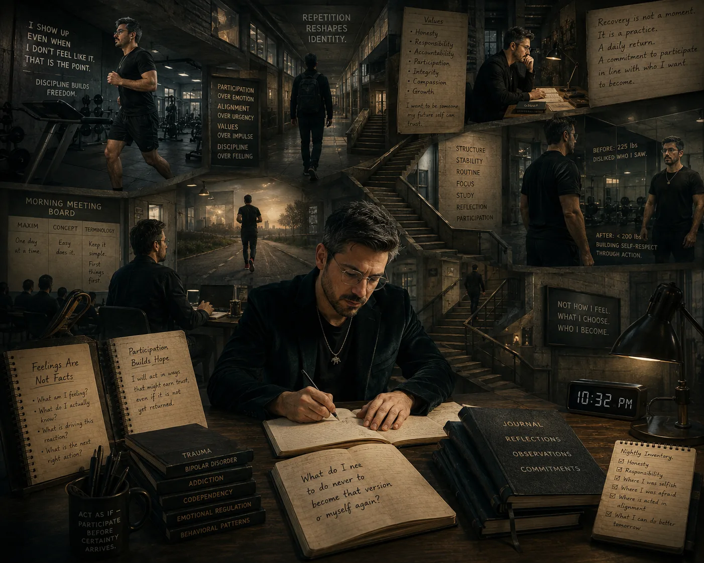 A philosophical collage-like recovery environment showing repeated acts of grounded participation through journaling, study, exercise, reflection, and structured routines unfolding across interconnected atmospheric architectural spaces.