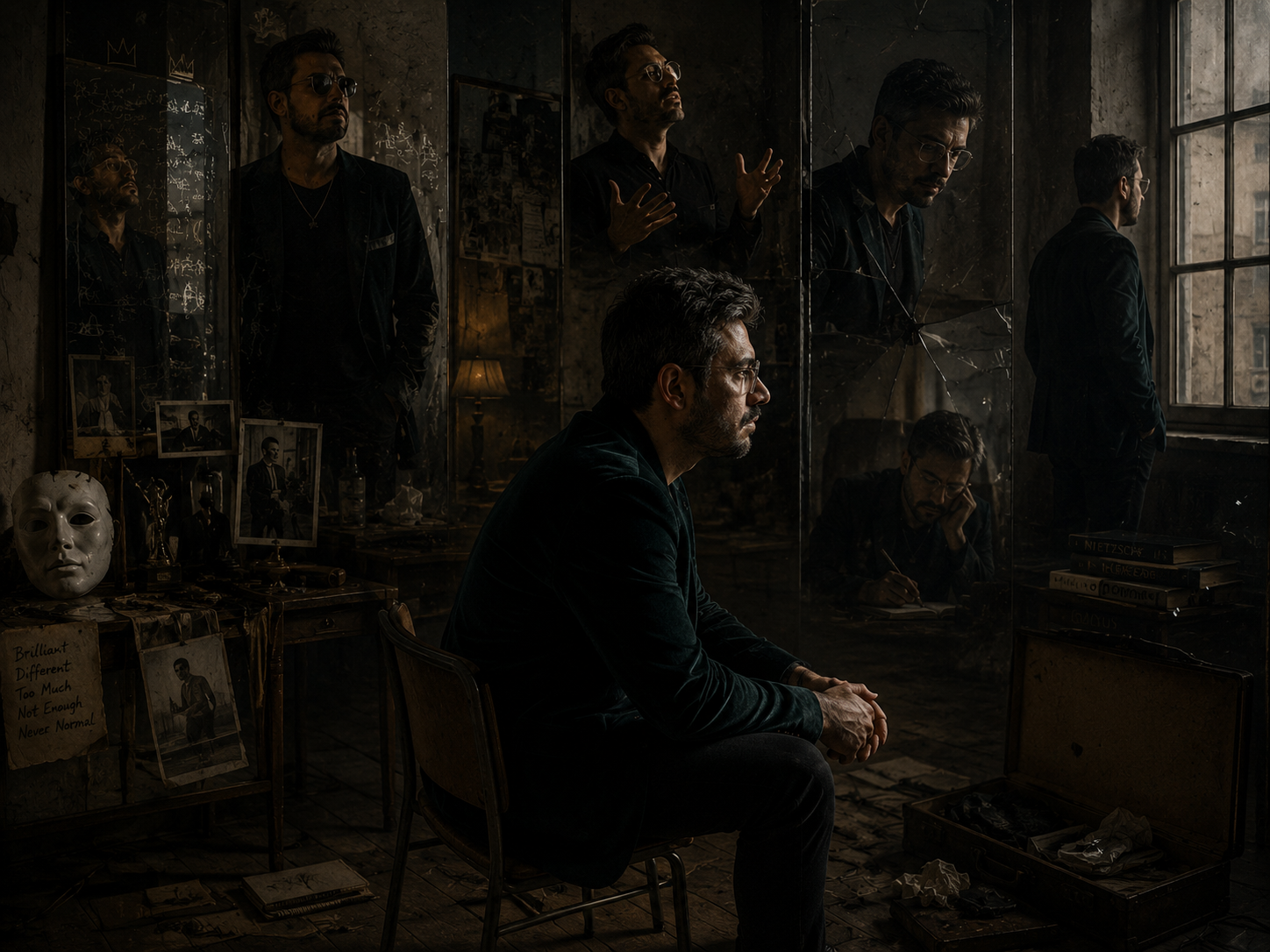 A dim philosophical interior filled with fractured reflections, fading personas, mirrors, and quiet symbolic remnants of performance, centered around a restrained solitary figure confronting the collapse of self-created identity.