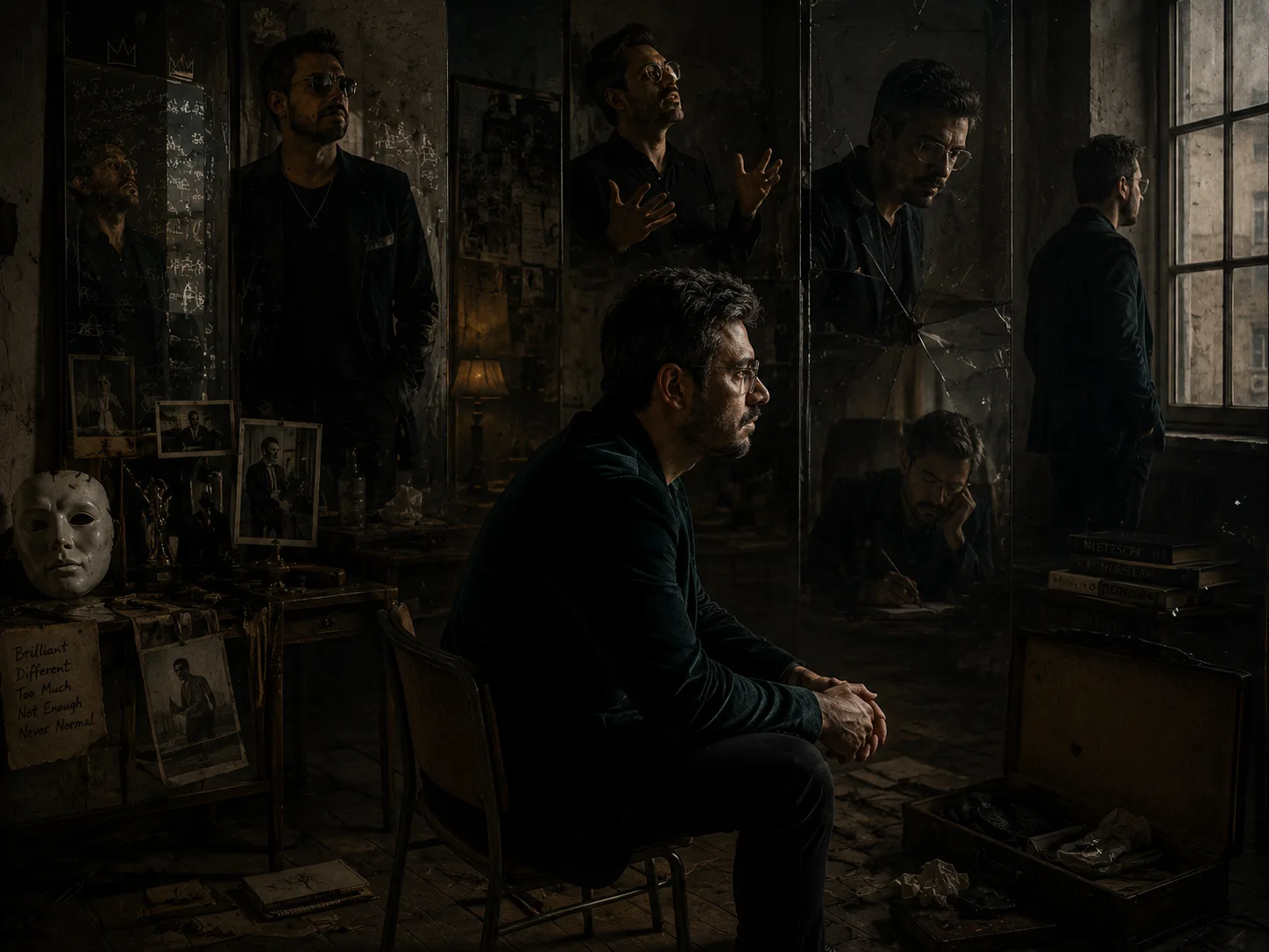 A dim philosophical interior filled with fractured reflections, fading personas, mirrors, and quiet symbolic remnants of performance, centered around a restrained solitary figure confronting the collapse of self-created identity.