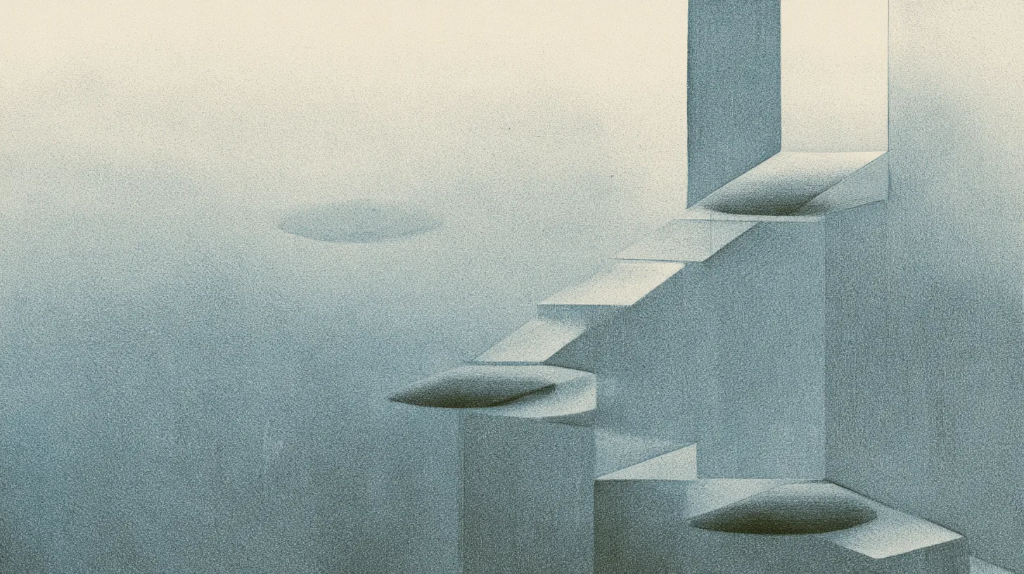 Abstract architectural pathways and suspended platforms symbolizing continuity, repetition, and gradual course correction over time.