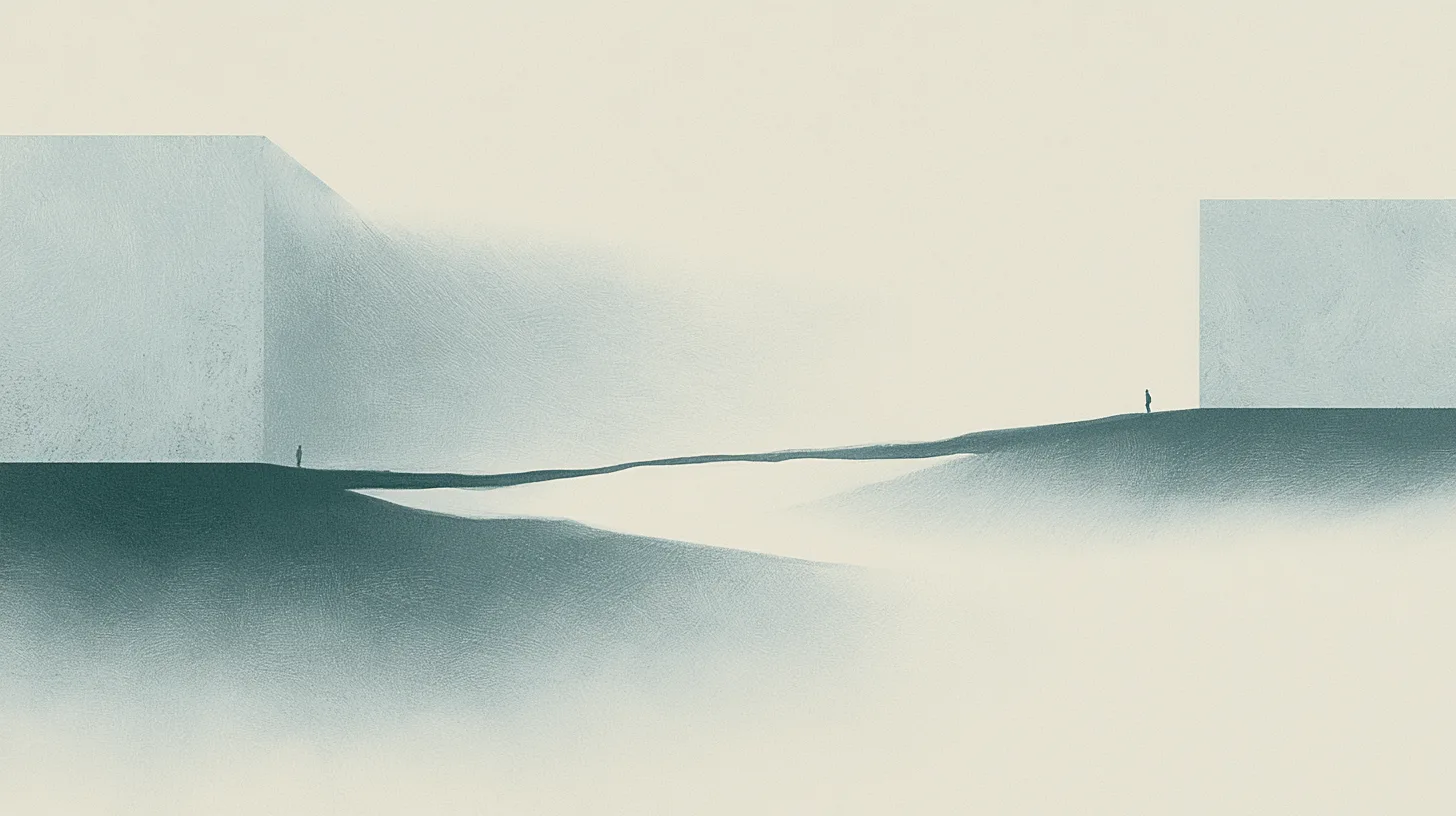 Tiny solitary figures moving through suspended architectural pathways that continue and subtly refine across interconnected spaces.