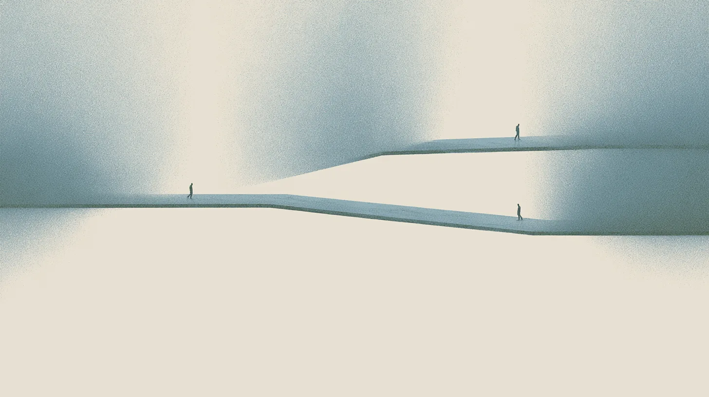 Tiny solitary figures repeatedly moving through monumental architectural pathways that subtly evolve across interconnected spaces.