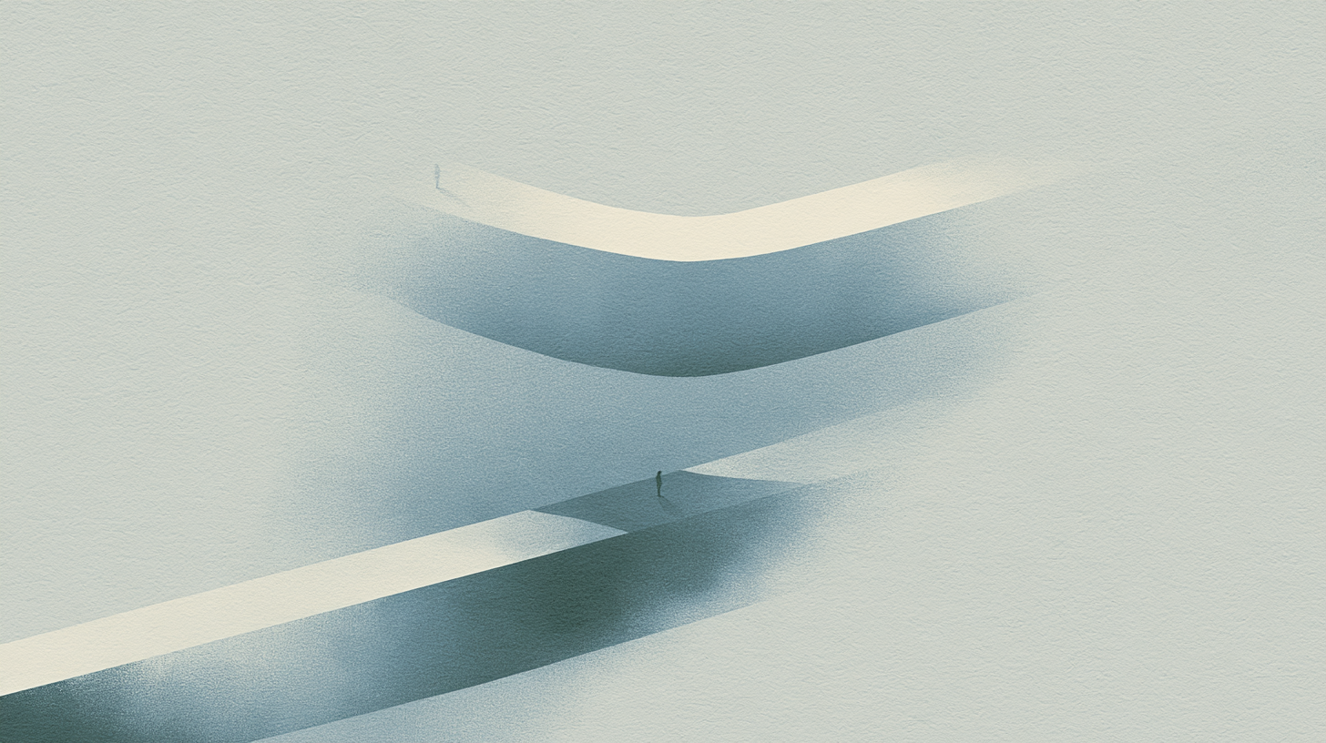 Layered suspended pathways shifting direction through fog, symbolizing interrupting old patterns and consciously choosing a different path.