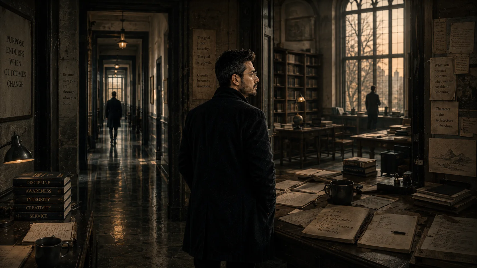 Reflective figure standing within a vast corridor that opens into a warm study-like interior filled with books, notes, and distant versions of himself.