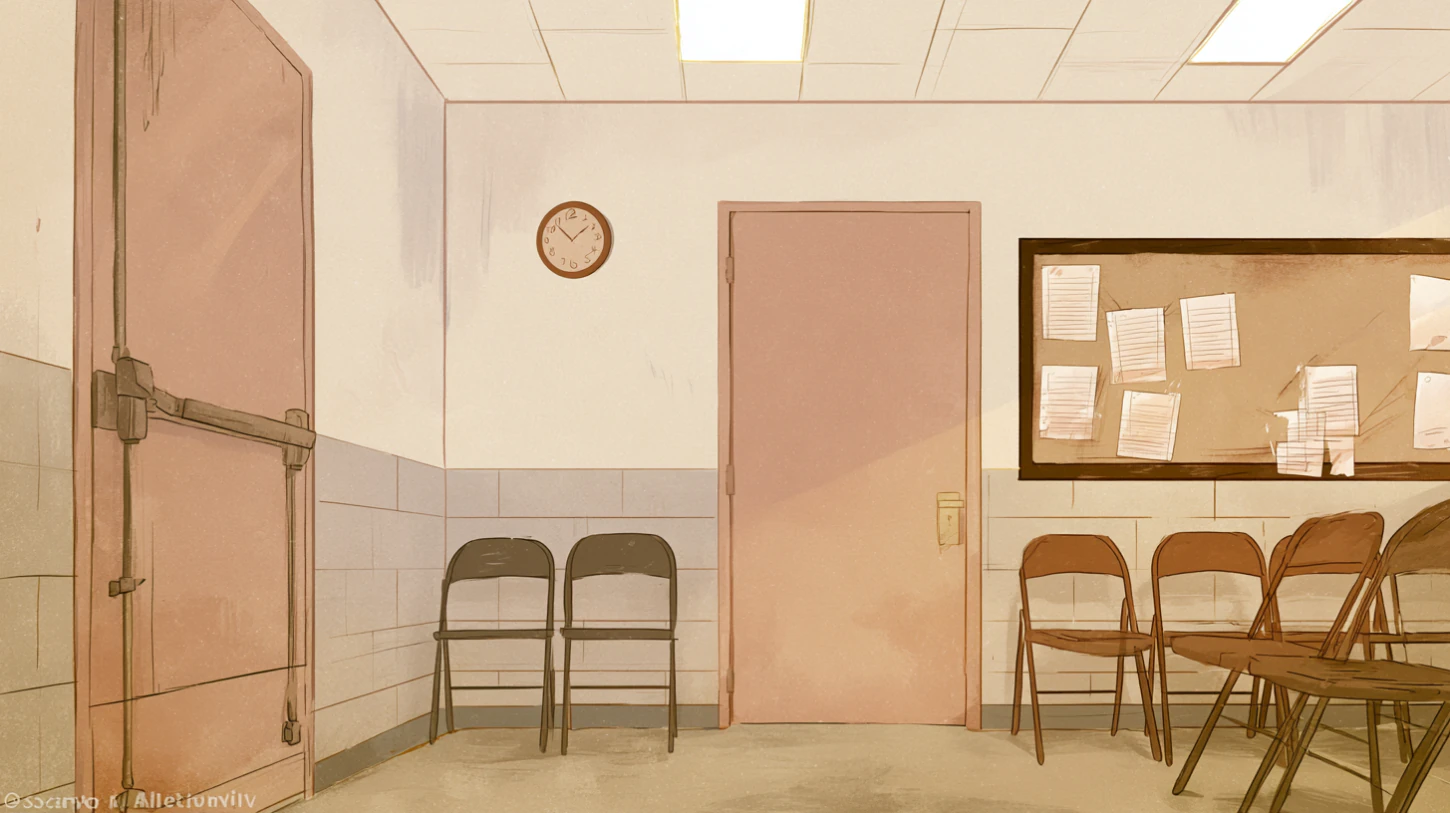 Quiet institutional recovery hallway with folding chairs, bulletin board, fluorescent ceiling panels, and faded painted walls outside a group room.