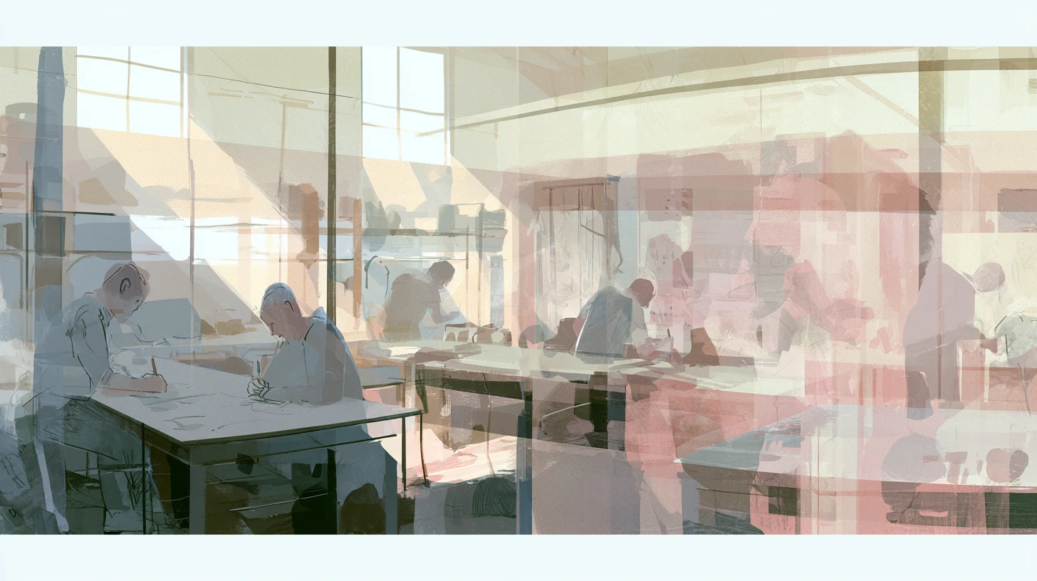 A softly lit communal room with translucent partitions, plain tables, and several subdued figures writing or working in layered interior spaces.