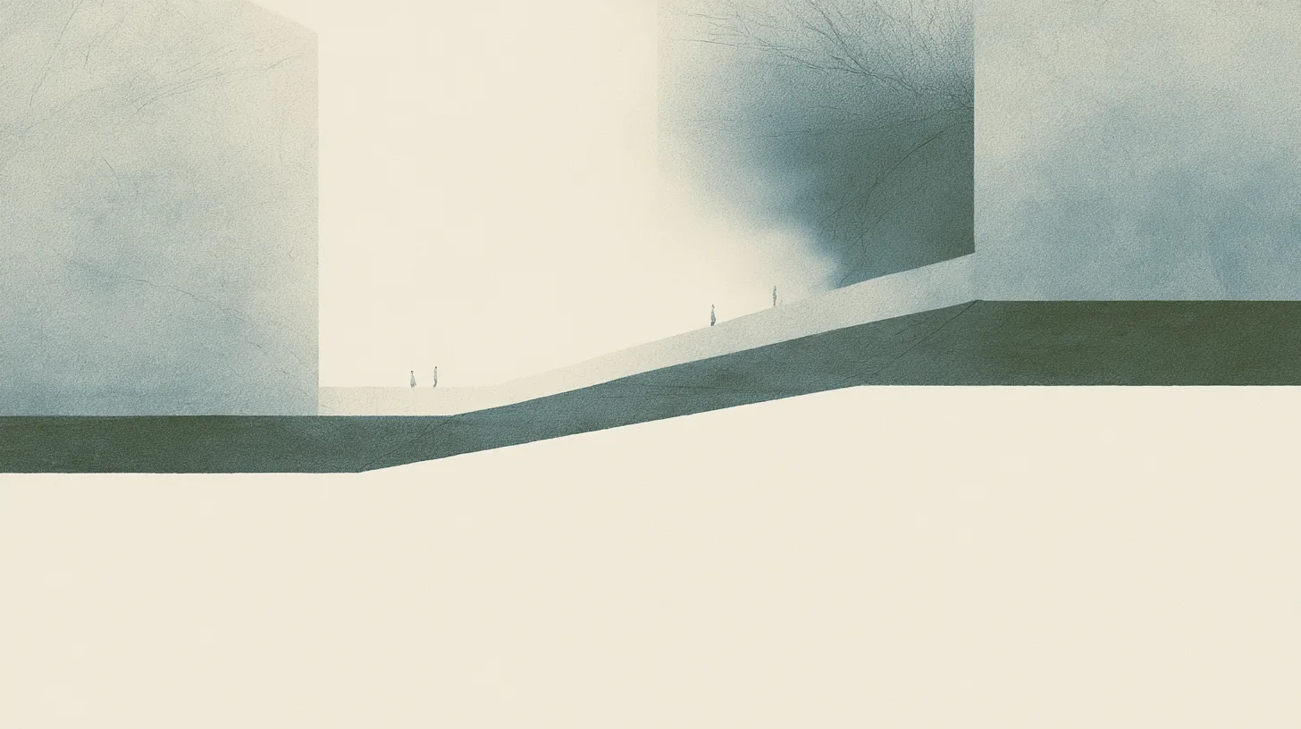 Tiny solitary figures repeatedly traversing suspended architectural pathways that gradually become more aligned over time.