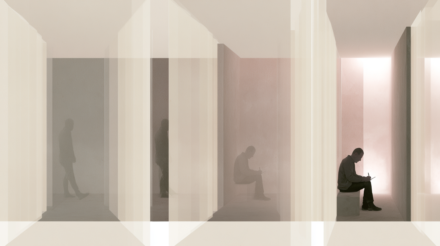 repeated solitary figure moving through translucent minimal interiors in different states of participation and reflection, muted cream pale gray faded rose and warm stone palette, restrained philosophical recovery atmosphere, symbolic identity formation through repeated behavior and disciplined participation, soft directional light, matte textures, editorial psychological realism