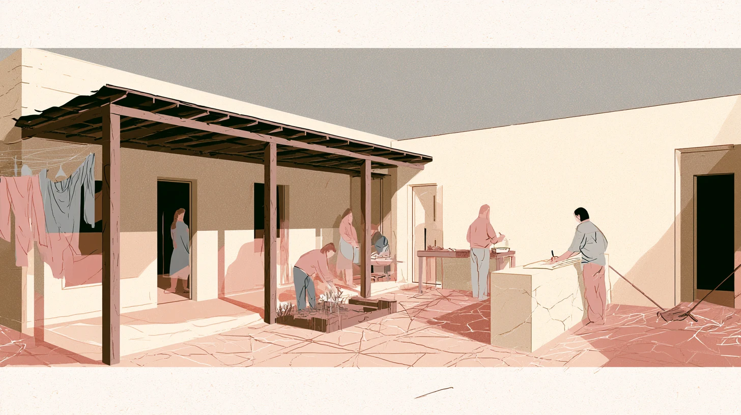 A cutaway communal residence shows lightly sketched figures cleaning, writing, preparing food, and moving through softly lit shared rooms.