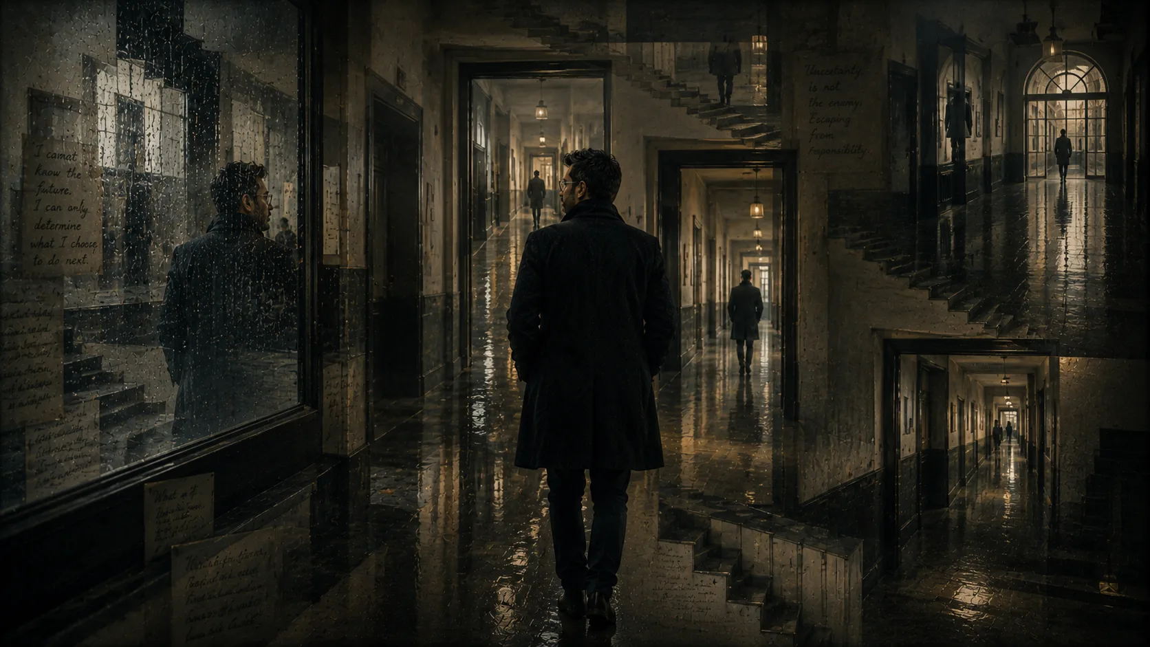 Figure walking through a recursive transitional corridor filled with reflective depth and unresolved architectural pathways.
