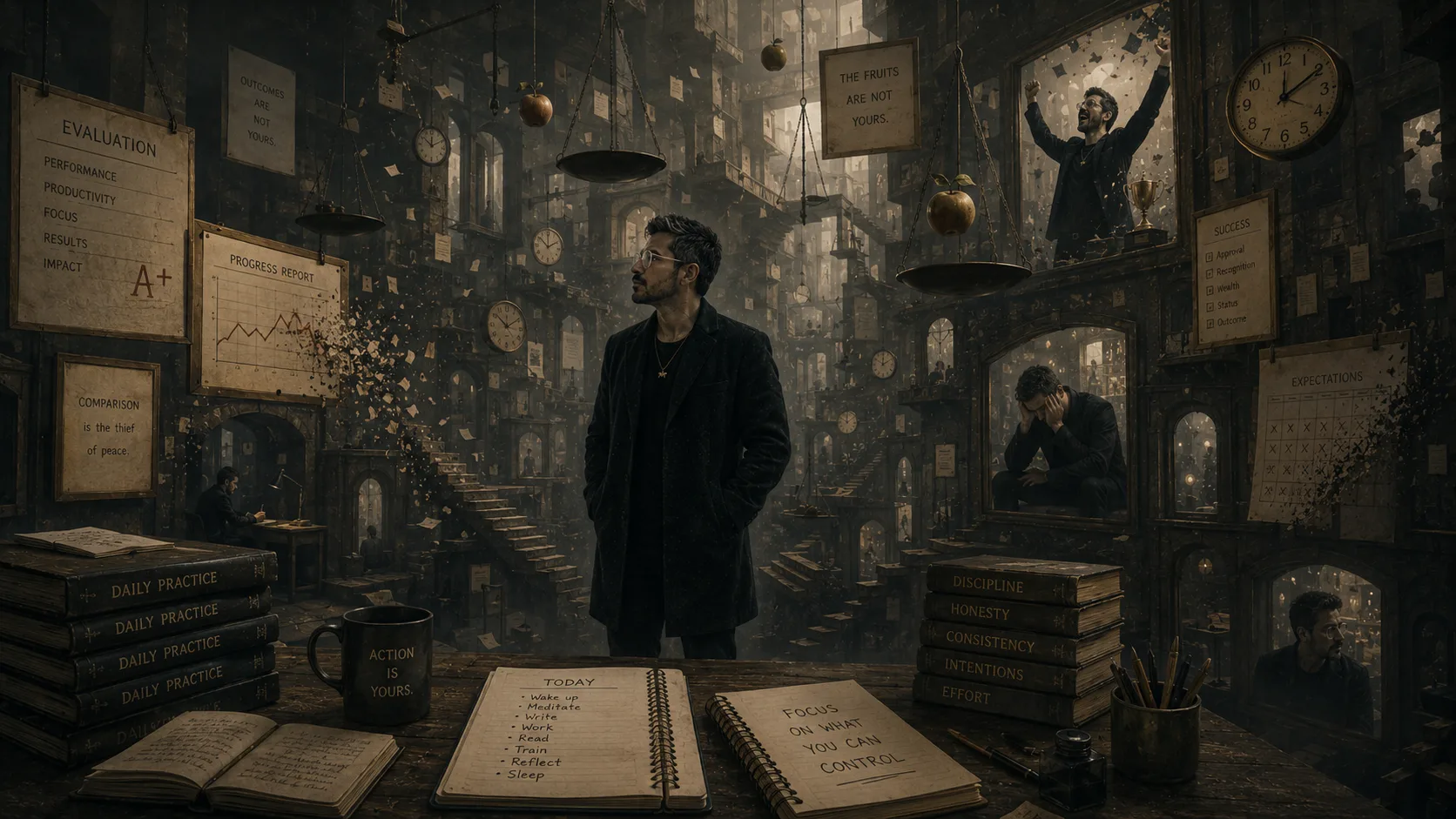 A reflective man standing within a surreal archive of floating clocks, scales, reports, fruit, and dissolving outcome symbols, surrounded by recursive spaces of judgment and disciplined practice.