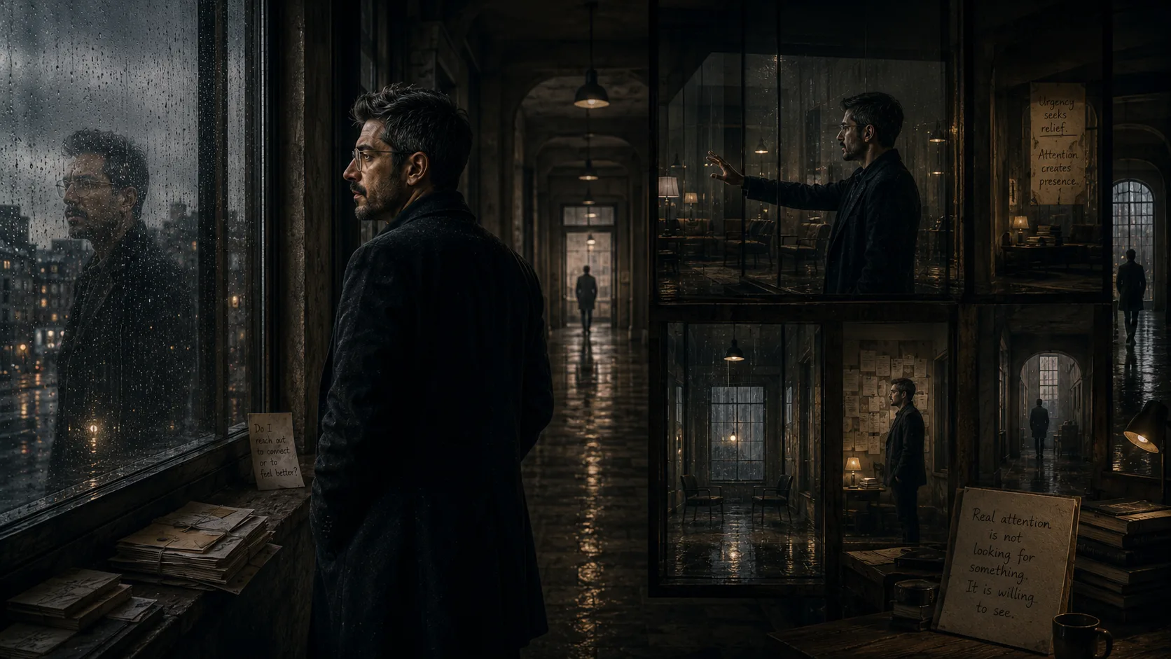 A contemplative man stands beside rain-darkened windows inside a vast recursive architectural interior filled with layered reflections, dim hallways, observation rooms, and emotionally fragmented versions of himself, symbolizing attention, restraint, and the difference between genuine connection and emotional urgency.