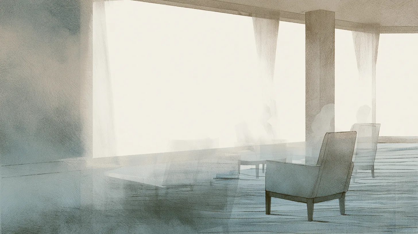 A quiet communal recovery setting with faint human figures and conversational seating partially obscured by diffuse atmosphere.