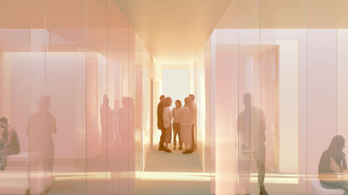 A softly lit communal interior with translucent glass partitions separating small groups of people in conversation while isolated figures linger at the edges of the environment, their reflections and silhouettes blending into the architecture.