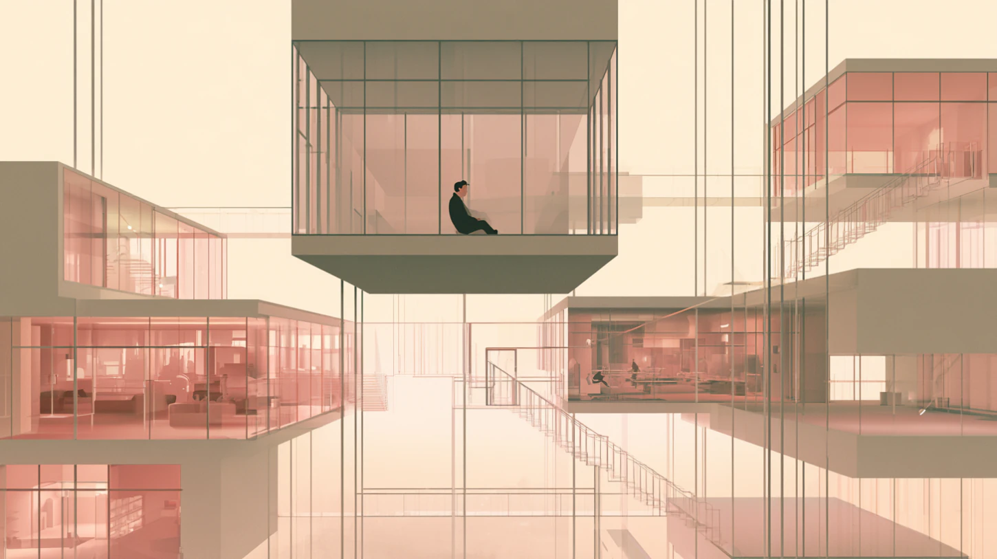 A solitary figure seated inside a suspended transparent room within a vast interconnected architectural structure of bridges, stairways, and luminous communal spaces, symbolizing the emotional weight and vulnerability of receiving more than one is internally prepared to sustain.