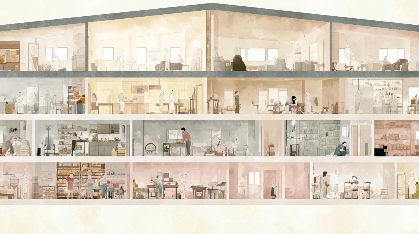A wide cross-section of a communal residence shows layered living spaces, storage rooms, work areas, and small figures completing ordinary tasks.
