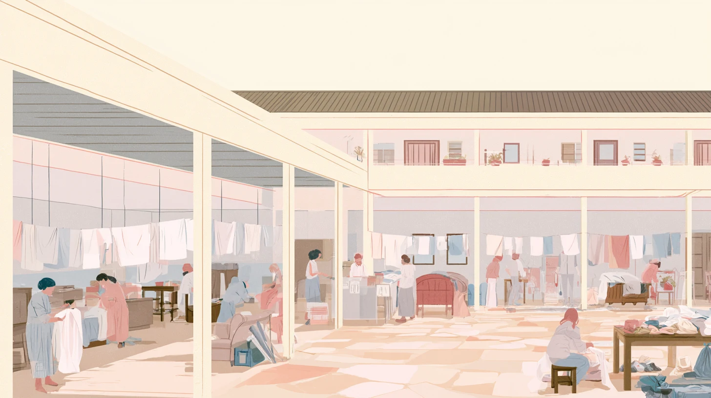 A softly lit communal storage and workroom where several figures sort shelves, prepare food, clean surfaces, and face a dimmer cluttered side area.