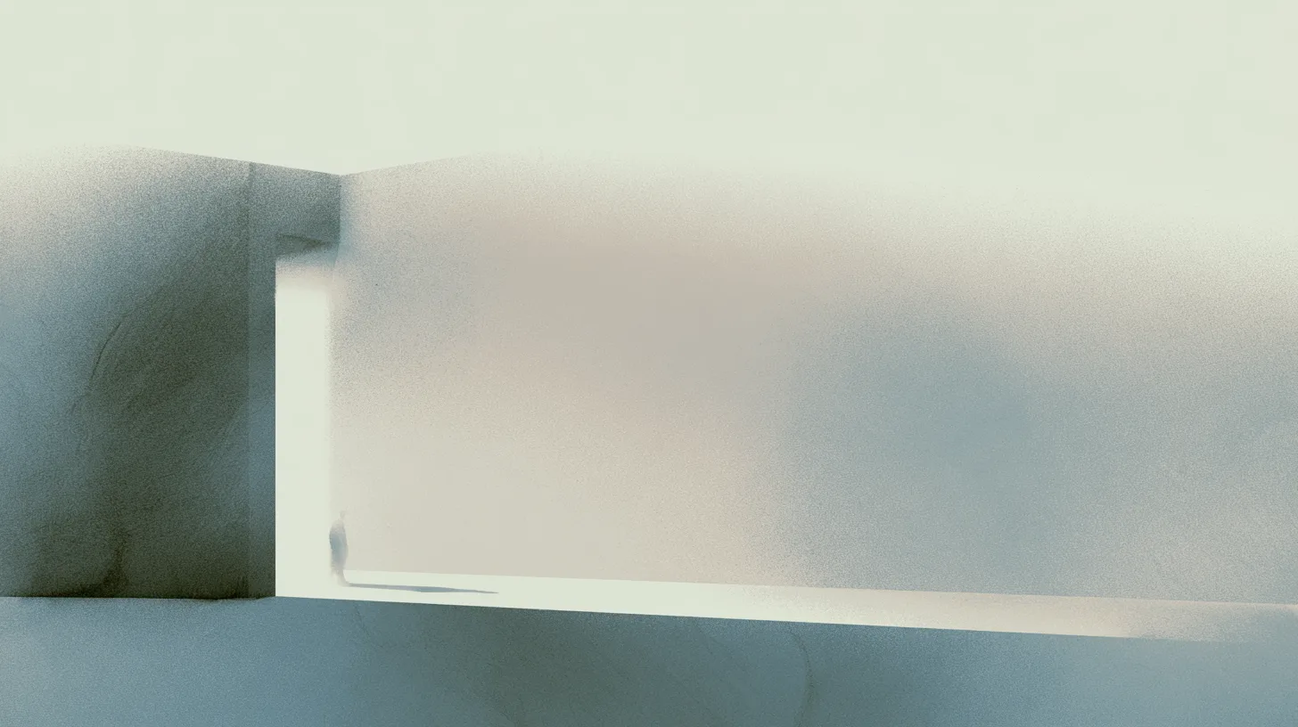 A distant solitary figure moving through a restrained architectural space filled with soft directional light and layered spatial depth.