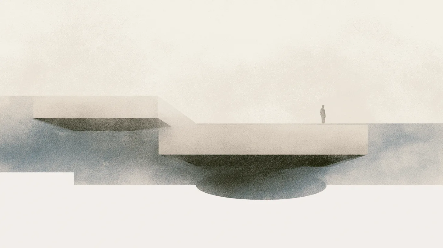 A solitary figure standing on a restrained architectural platform visibly supported by deeper structural forms beneath the surface.