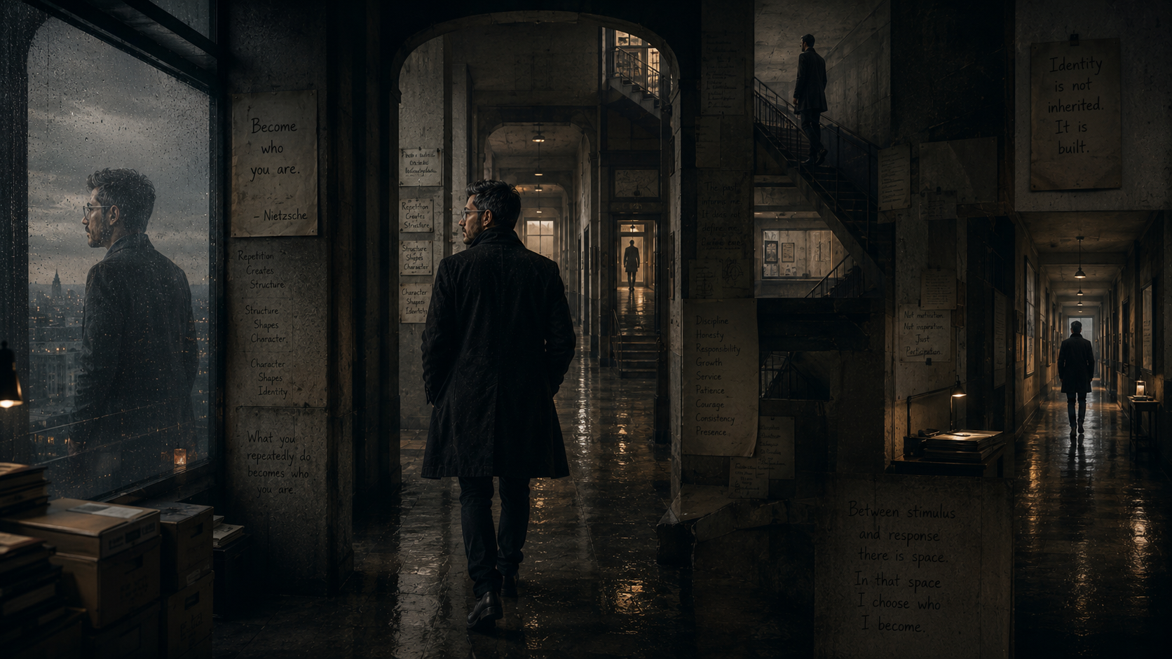 A solitary man walking through recursive institutional hallways and transitional architectural spaces, surrounded by layered reflections, philosophical fragments, and distant versions of himself moving through the same environment.