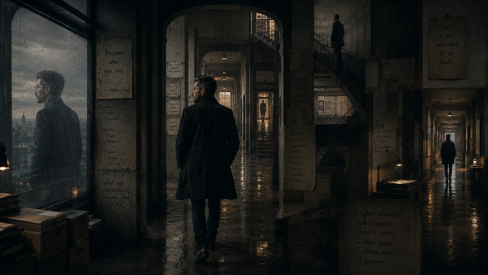 A solitary man walking through recursive institutional hallways and transitional architectural spaces, surrounded by layered reflections, philosophical fragments, and distant versions of himself moving through the same environment.