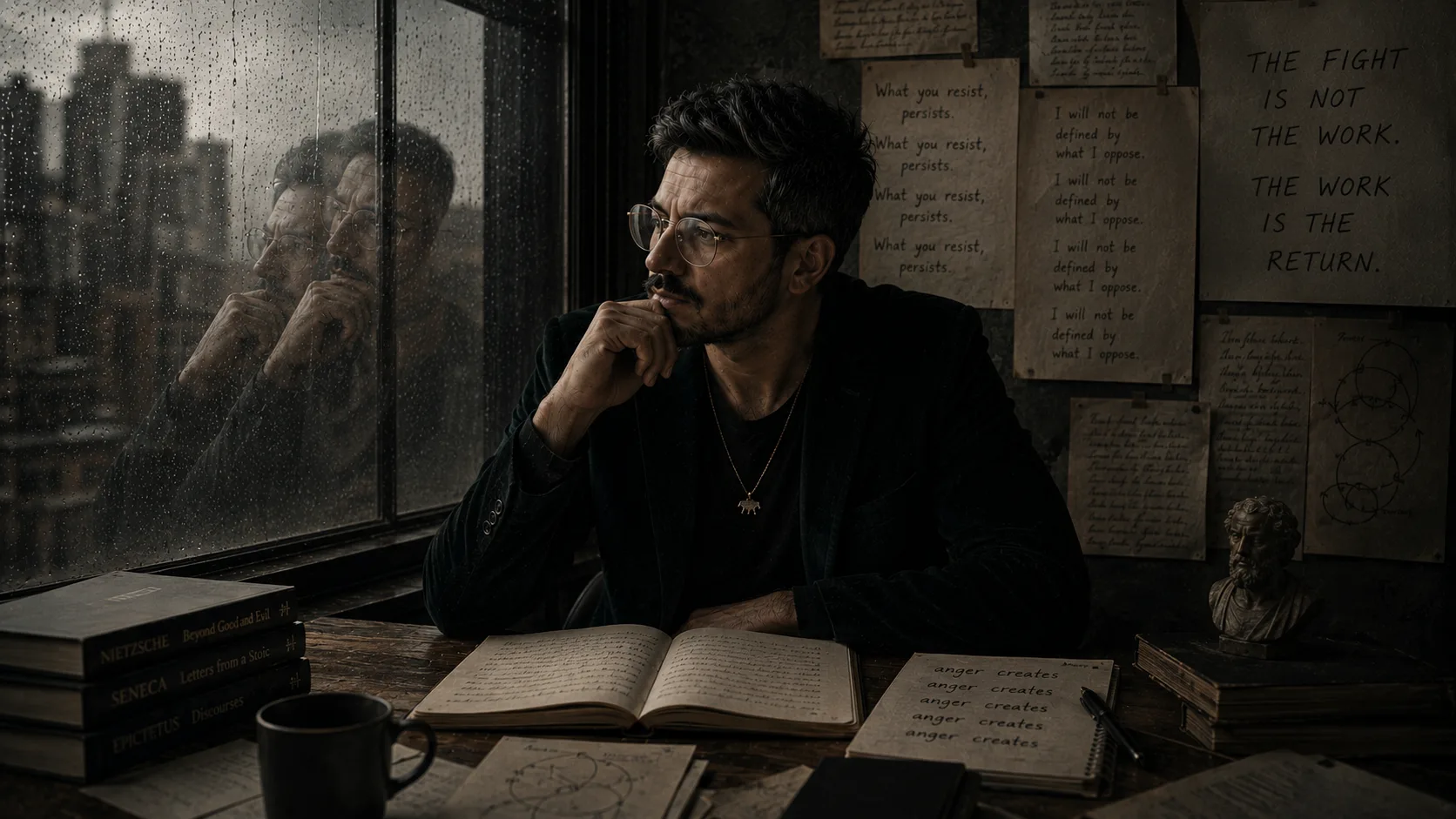 A reflective man sits beside a rain-covered window in a dim philosophical study while layered reflections and repeated handwritten phrases subtly suggest the recursive nature of anger, struggle, and identity.