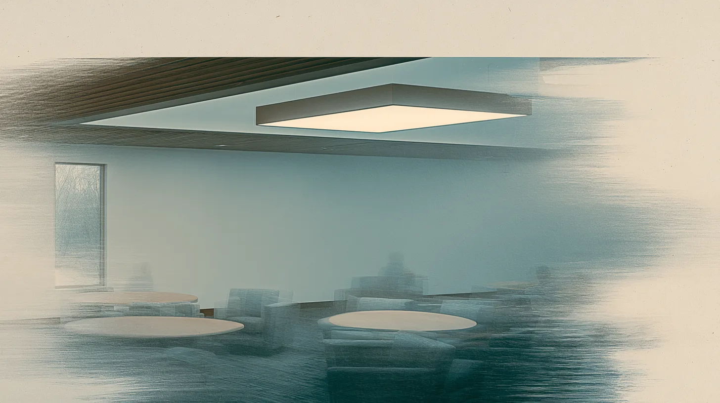 Several figures participating in a calm circular group conversation within a quiet recovery-oriented communal setting.