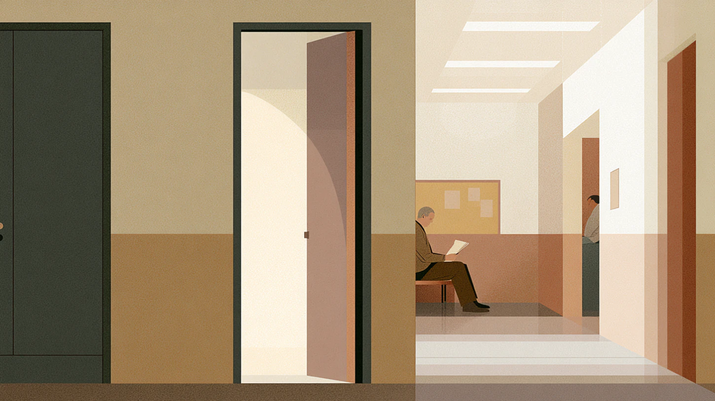 Quiet institutional hallway with partially open doorways and seated figures in reflective stillness, suggesting movement from private intention into visible accountability.