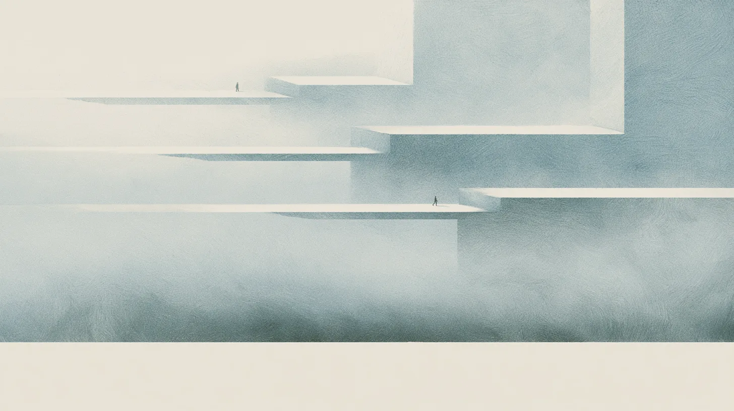 A solitary figure repeatedly crossing structured pathways that subtly stabilize and refine over time.