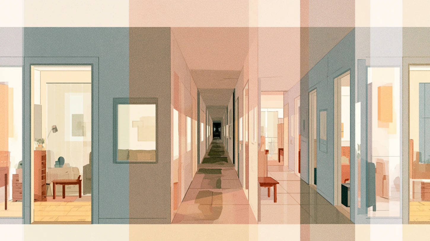 Recursive apartment hallways and interconnected domestic interiors with repeating doors, soft fluorescent light, and subtle architectural rhythm suggesting behavioral repetition and gradual reconstruction.
