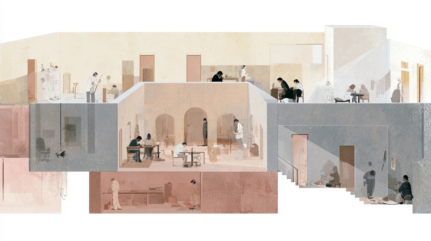 A layered communal recovery house with open rooms, stairways, and small figures working, writing, sitting, and moving through soft daylight.