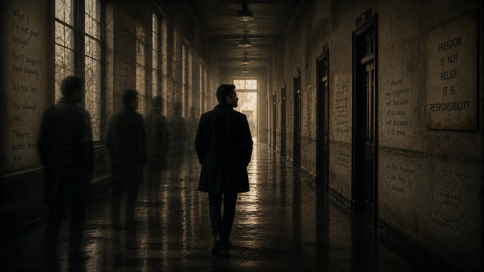 A reflective man walking through a dim institutional hallway filled with blurred echoes of himself, symbolizing the space between impulse and conscious response.
