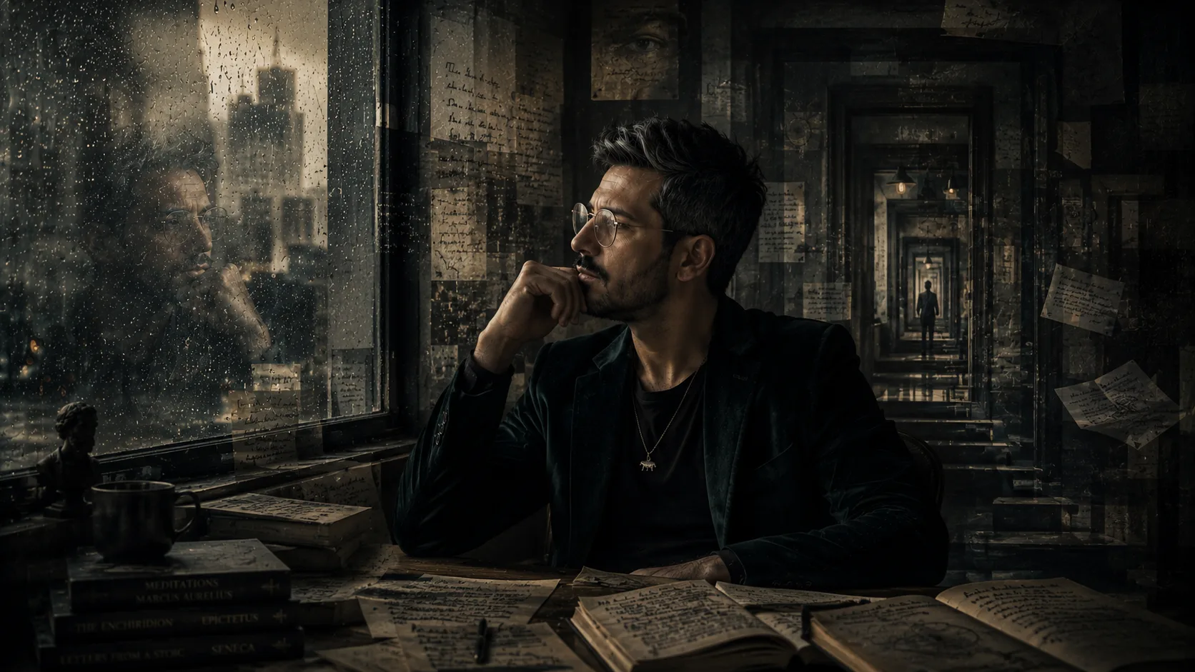 Reflective figure seated near rain-covered windows within a psychologically layered interior filled with recursive reflections and quiet atmospheric depth.